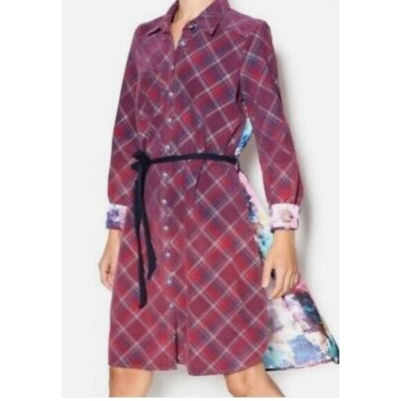 Anthropologie Aratta Silent Journey Dresses & Skirts - Aratta Silent Journey Burgundy Ombre Plaid Floral Back Shirt Dress S